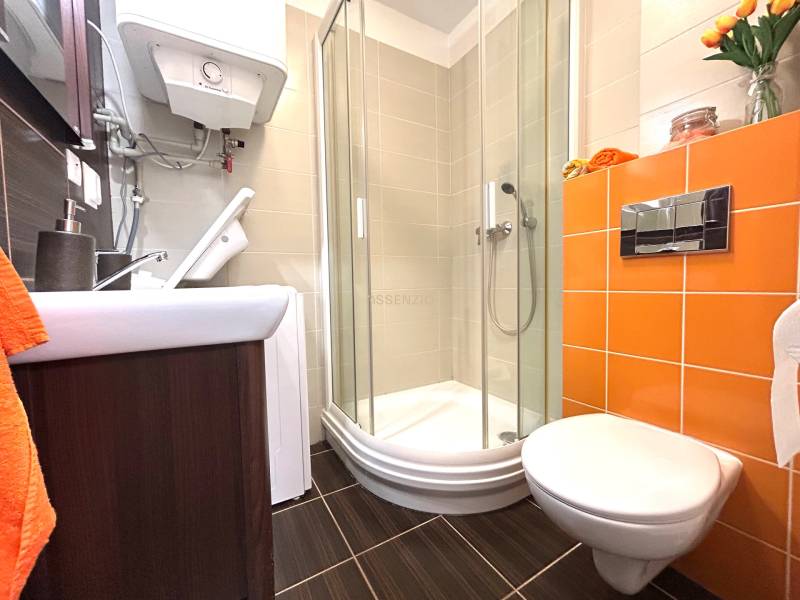 Badezimmer in einem Einzimmerapartment mit Toilette, Duschkabine und orangefarbenen Fliesen.