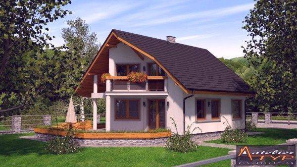 Ein Einfamilienhaus in Humenné, umgeben von Grün mit hölzernen natürlichen Details und einem Balkon.
