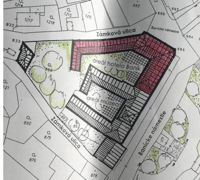 Die Karte zeigt das Gelände des Hotels und des Museums am Bergbauplatz in Gelnica.