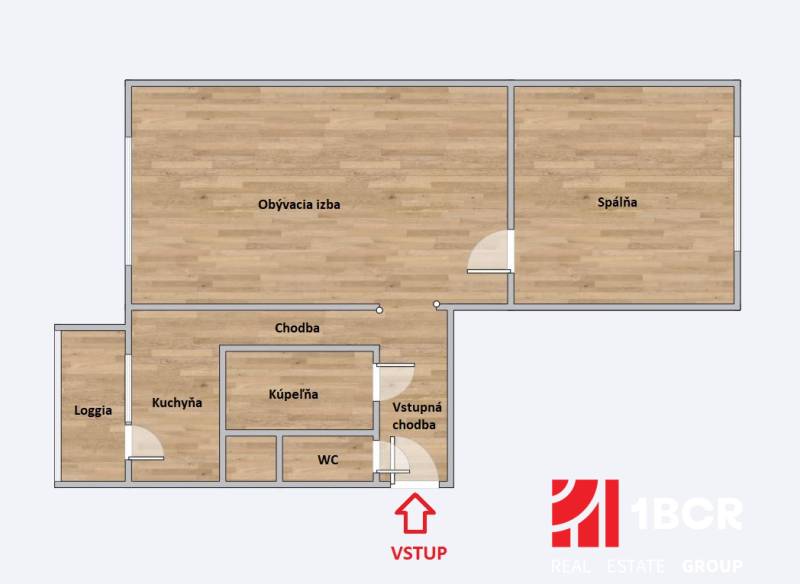Grundriss einer 2-Zimmer-Wohnung zeigt Zimmer, Küche, Badezimmer, WC und Loggia.
