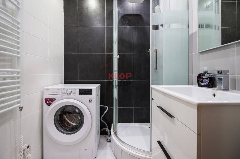 Badezimmer mit Waschmaschine, Duschkabine und Waschbecken in einer 2-Zimmer-Wohnung.