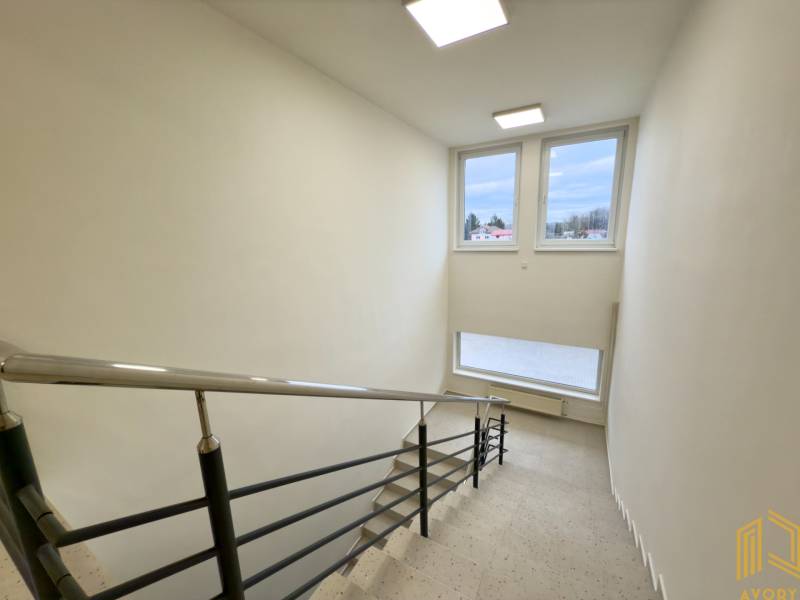 Das Treppenhaus mit Fenstern bietet Licht zur Sadová-Straße, geeignet für eine 2-Zimmer-Wohnung.