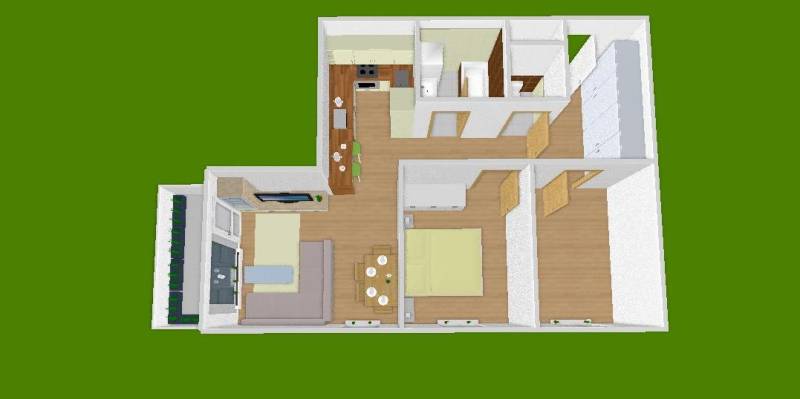 Grundriss einer 3-Zimmer-Wohnung mit Schlafzimmer, Wohnzimmer, Küche und geräumigem Balkon.