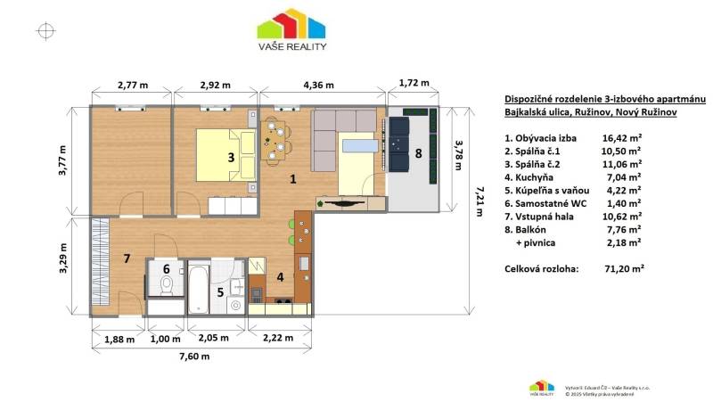 Grundriss einer 3-Zimmer-Wohnung zeigt die Anordnung der Zimmer, des Balkons und des Kellers.