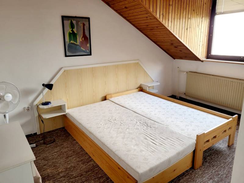 Doppelbett unter einer schrägen Decke in einer Zweizimmerwohnung mit einem Bild an der Wand.