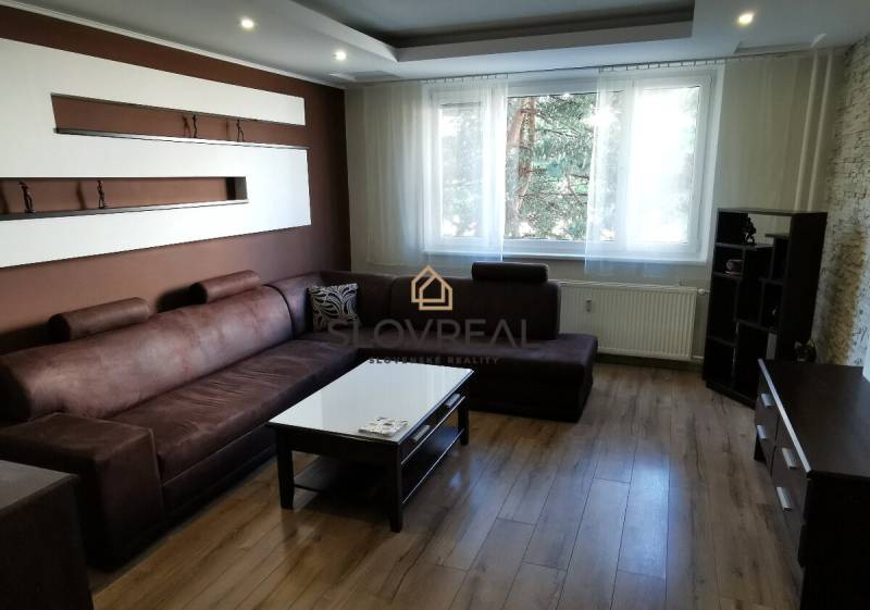 Gemütliches Wohnzimmer mit braunem Sofa und Holzboden in einer 4-Zimmer-Wohnung.