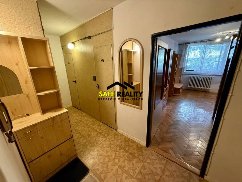 Flur mit Holzmöbeln und Blick in ein Zimmer in einer Einzimmerwohnung.