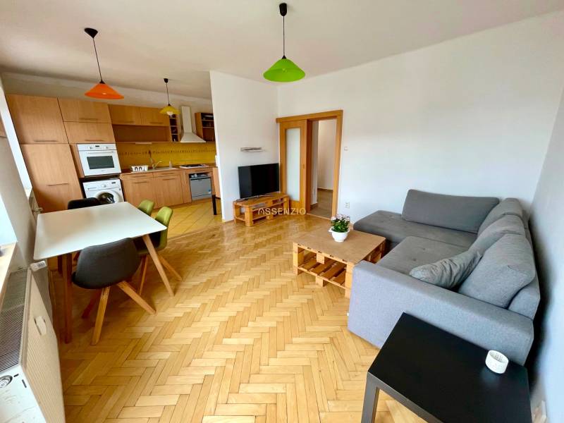 Wohnzimmer mit Küche, Esstisch, Sofa, Parkettboden in einer Zweizimmerwohnung.