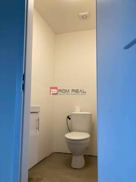 Toilette in einem weißen Raum mit einer Toilettenschüssel und einem Waschbecken. Geschäftsräume.