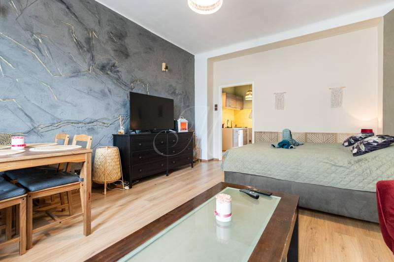 Wohnzimmer mit Esstisch, Fernseher und Bett in einer 2-Zimmer-Wohnung.