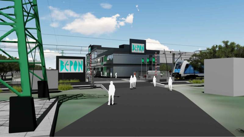Computervisualisierung von Gewerbegrundstücken in der Panónska-Straße, Bratislava - Petržalka, mit Eisenbahn.