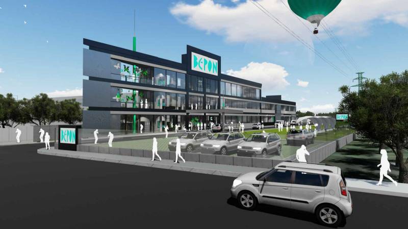 Visualisierung von Gewerbegrundstücken an der Panónska-Straße in Bratislava - Petržalka mit Autos und Menschen.