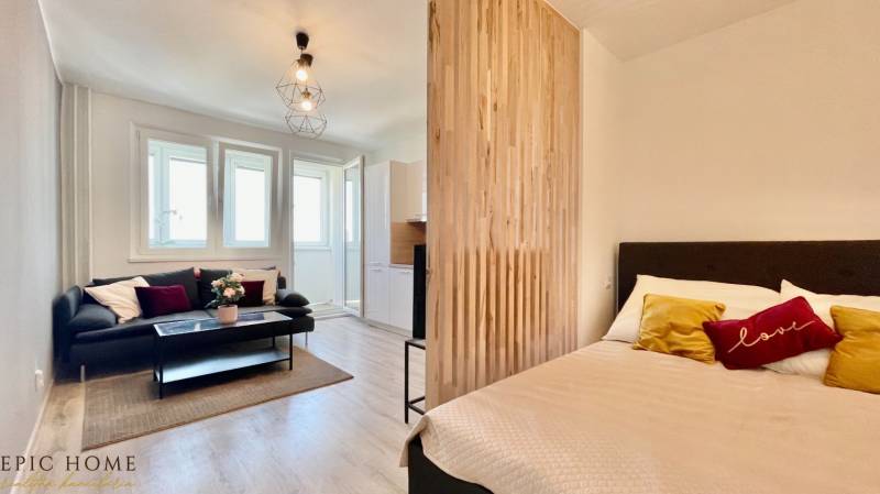 Einzimmerwohnung mit Sofa, Bett und hölzerner Trennwand.