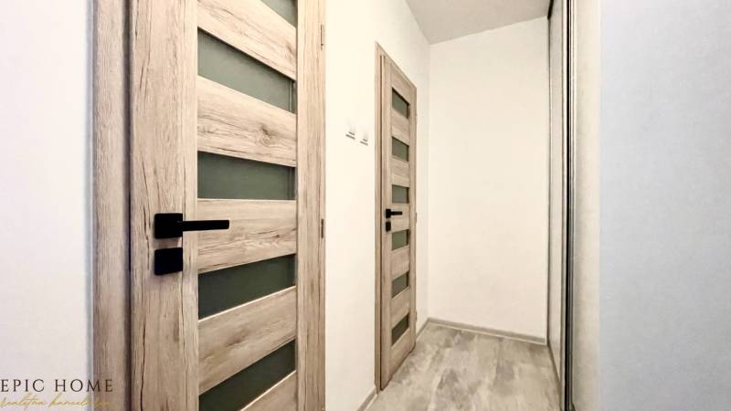 Ein Flur mit hellen Türen und einem Spiegelschrank in einer Einzimmerwohnung.