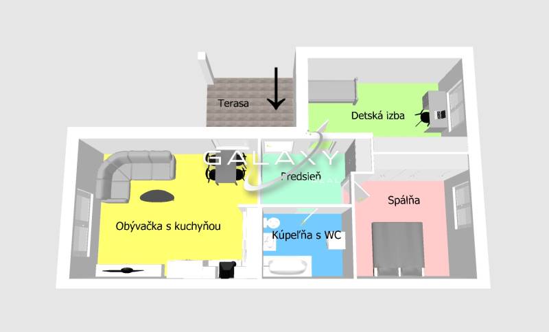 Grundriss eines Einfamilienhauses mit Wohnzimmer, Küche, Schlafzimmer, Kinderzimmer und Badezimmer.