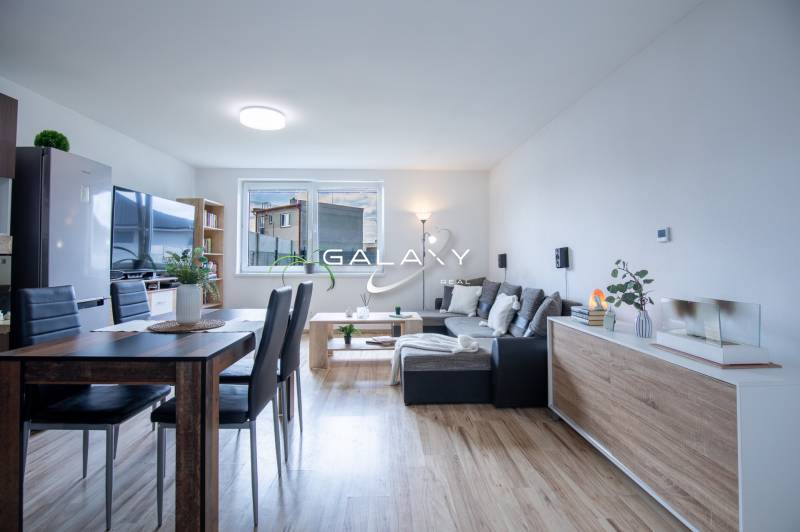 Esszimmer in einem Einfamilienhaus mit Holzboden, großen Fenstern und modernen Möbeln.