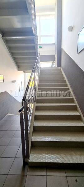 Treppe im Büro mit einfachem Geländer und Tageslicht.
