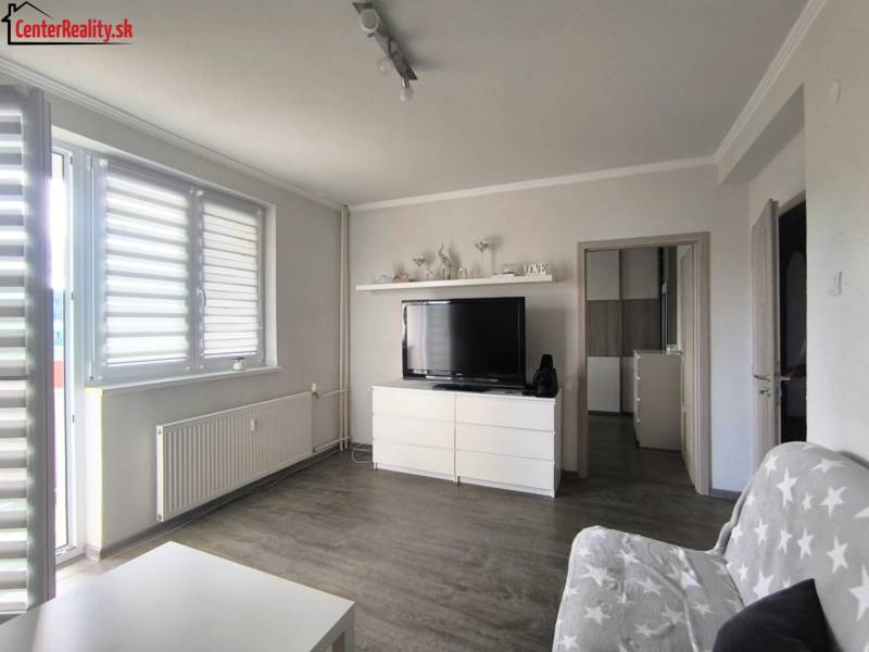 Wohnzimmer in einer 2-Zimmer-Wohnung mit Fernseher, Sofa und weißer Kommode.