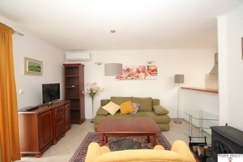 Wohnzimmer eines Einfamilienhauses mit Sofa, Sessel, Schrank und Fernseher.