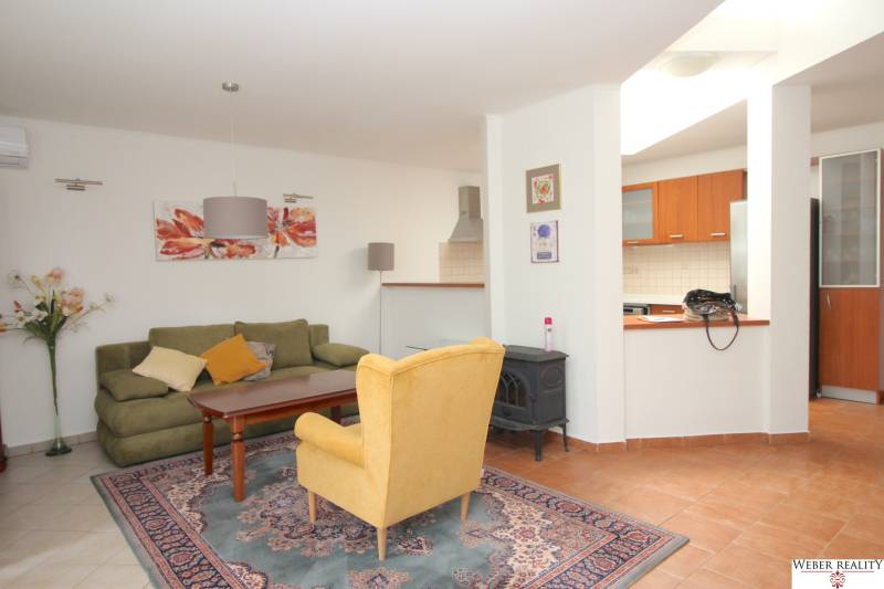 Wohnzimmer mit Teppich, grünem Sofa, gelbem Sessel und Küchenzeile in einem Einfamilienhaus.