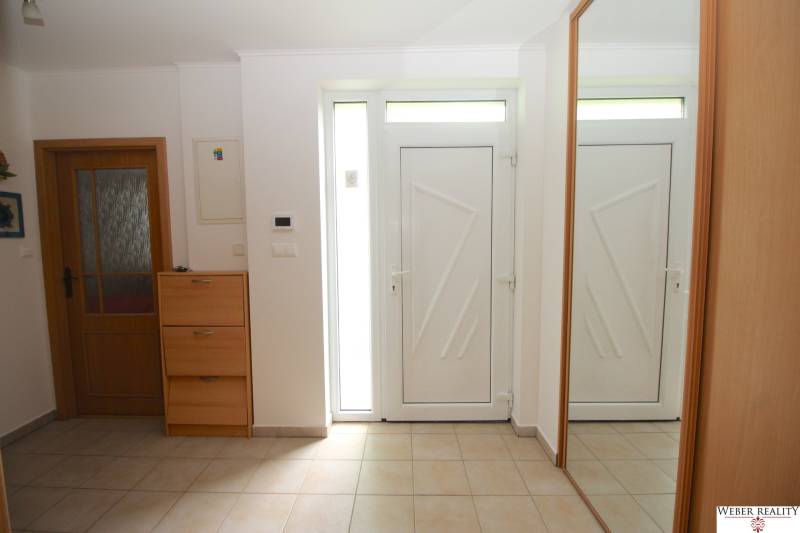 Eingangsbereich eines Einfamilienhauses mit weißen Türen, einem Spiegel und einem Holzschuhschrank.