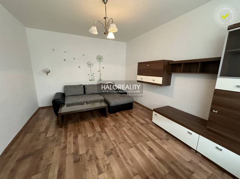 Wohnzimmer in einer Einzimmerwohnung mit Sofa, Tisch und Wanddekoration.