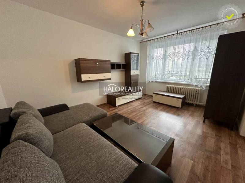 Einzimmerwohnung mit Sofa, Holzmöbeln und einem großen Fenster mit Spitzenvorhang.