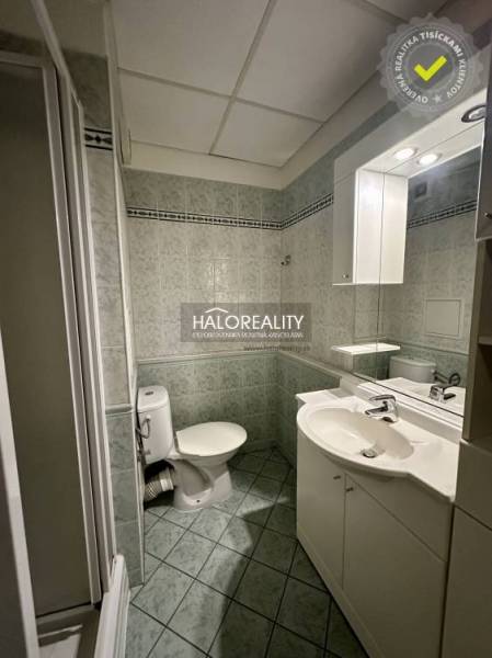 Badezimmer mit Dusche, Waschbecken und Toilette in einer Einzimmerwohnung.