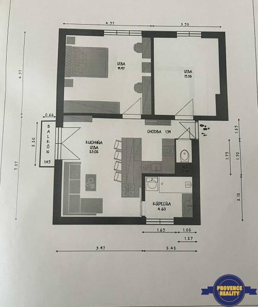 Grundriss einer 3-Zimmer-Wohnung mit Küche, Badezimmer, WC und Balkon.
