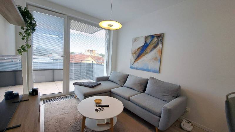 Gemütliches Wohnzimmer mit Ecksofa und Kunst in einer 2-Zimmer-Wohnung.