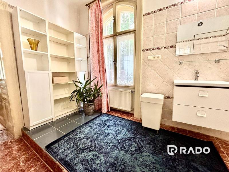 Badezimmer in einer 2-Zimmer-Wohnung mit Waschbecken, Regal, Teppich und Pflanze.