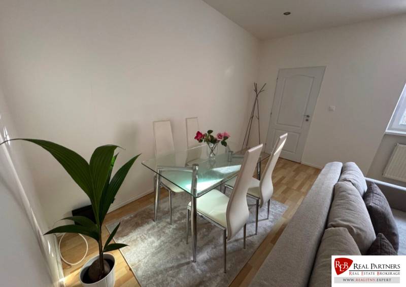 Essbereich mit Glastisch in einer 2-Zimmer-Wohnung, helle Wände und eine Pflanze.