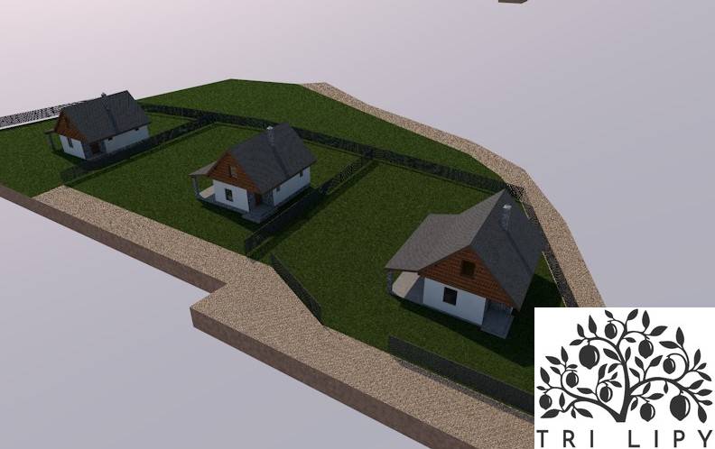 Visualisierung von Erholungsgrundstücken in Oščadnica mit Einfamilienhäusern und dem Logo Tri Lipy.