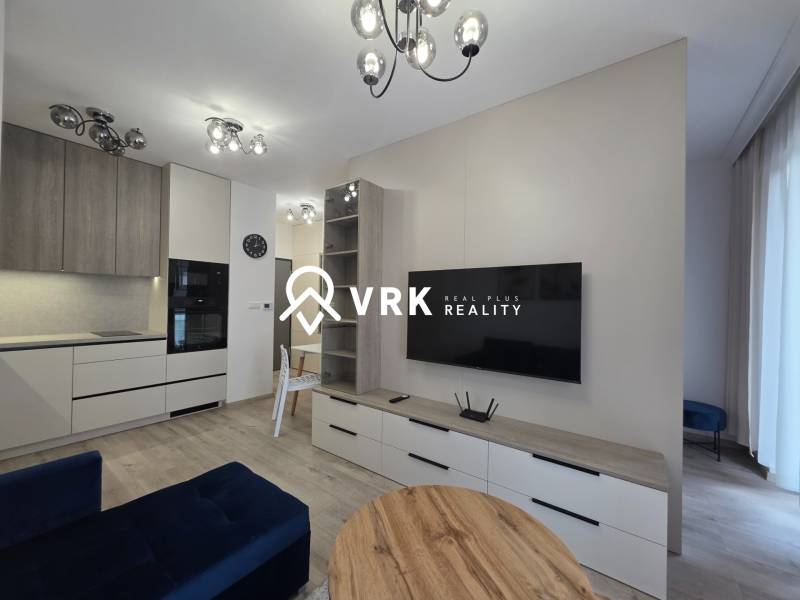 Wohnzimmer in einer 2-Zimmer-Wohnung mit Küchenzeile, Sofa und Wandfernseher.
