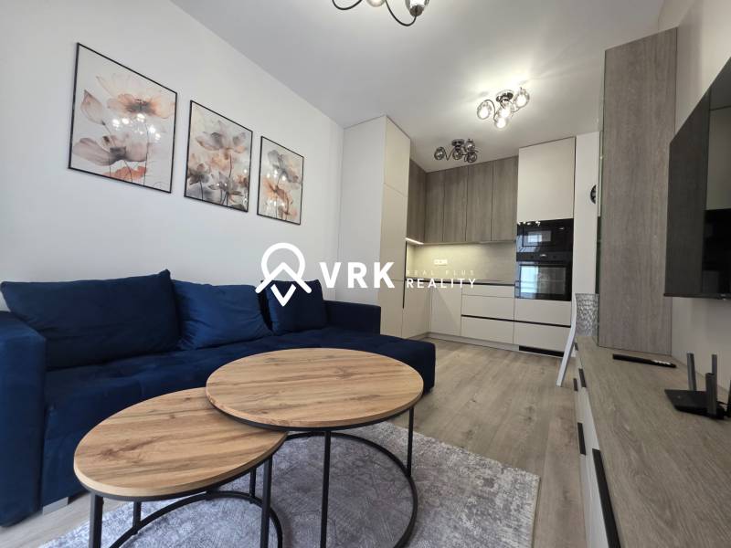 Wohnzimmer und Küche in einer 2-Zimmer-Wohnung mit einem blauen Sofa und Holztischen.