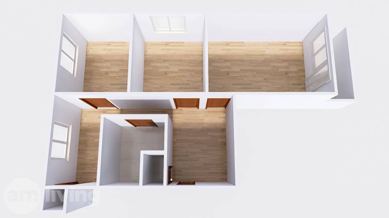Grundriss einer 3-Zimmer-Wohnung mit Fenstern und Türen auf Holzboden.