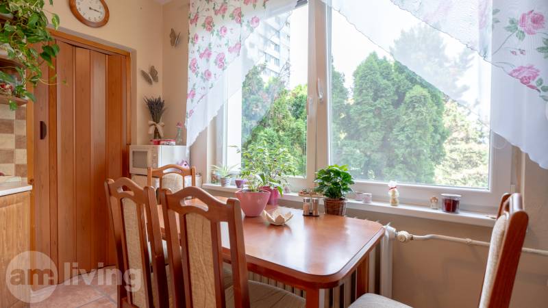 Esszimmer in einer 3-Zimmer-Wohnung mit Holztisch, Stühlen und Zimmerpflanzen.