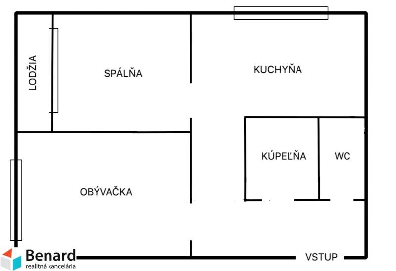 Grundriss einer 2-Zimmer-Wohnung umfasst ein Schlafzimmer, eine Küche, ein Wohnzimmer, ein Badezimmer und eine Toilette.