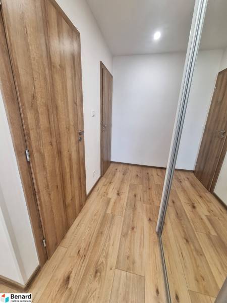 Der Flur in der 2-Zimmer-Wohnung mit Holzboden und einem Spiegelschrank.
