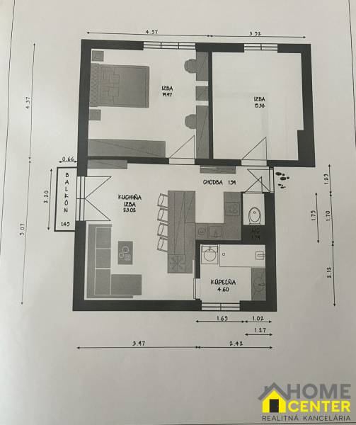 Grundriss einer 3-Zimmer-Wohnung mit Küche und Balkon, effiziente Raumnutzung.