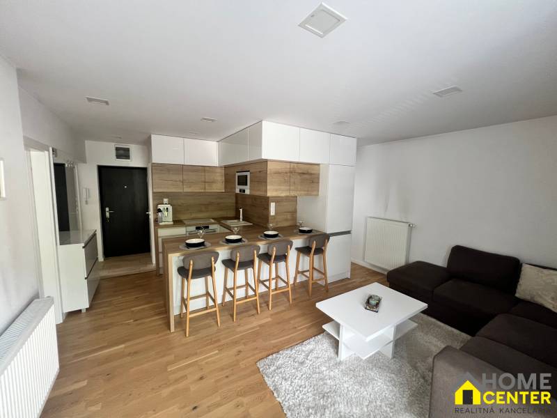 Wohnbereich einer 3-Zimmer-Wohnung mit offener Küche, Bartresen und grauem Sofa.