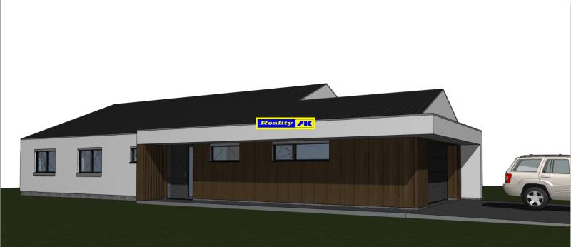 Entwurf eines Einfamilienhauses in Valča mit Garage und dunklen Holzelementen an der Fassade.