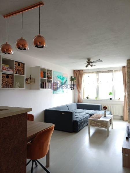 Wohnzimmer mit Sofa, Holztisch und interessanten Hängelampen in einer 2-Zimmer-Wohnung.