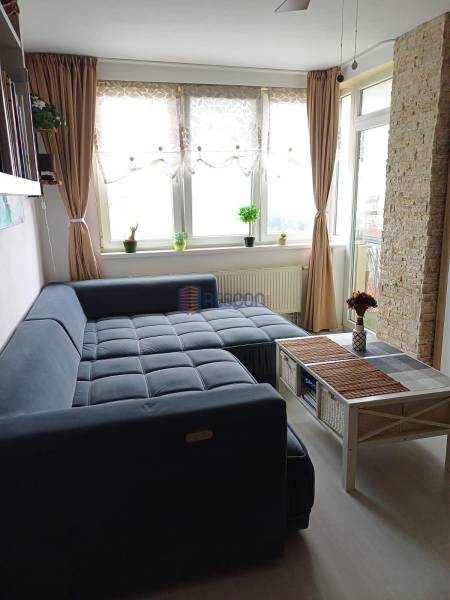 Wohnzimmer in einer 2-Zimmer-Wohnung mit einer Eckcouch und einem Couchtisch.