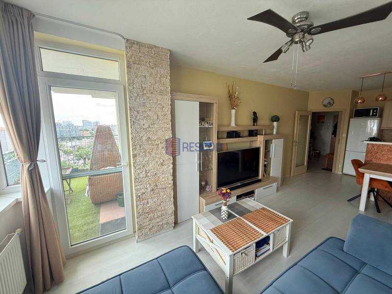 Wohnzimmer in einer 2-Zimmer-Wohnung mit Balkon, TV-Wand und Deckenventilator.