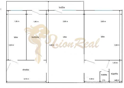 Grundriss einer 3-Zimmer-Wohnung mit Loggia und separatem WC vom Badezimmer.