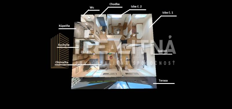 Grundriss einer 4-Zimmer-Wohnung mit Badezimmer, Küche, Wohnzimmer und Terrasse.