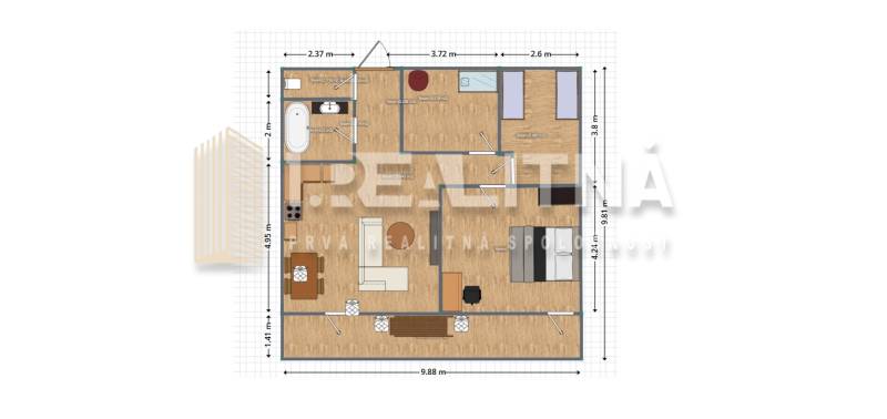 Grundriss einer 4-Zimmer-Wohnung mit Einrichtung und Raummaßen.
