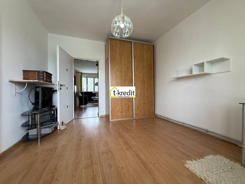 Innenraum einer 2-Zimmer-Wohnung mit Holzboden, Einbauschrank und TV-Tisch.