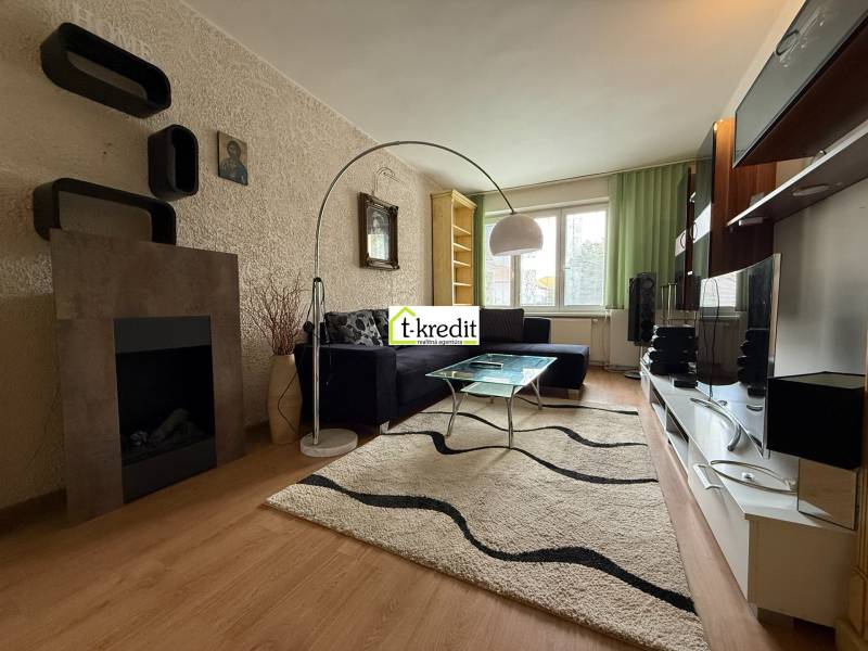 Wohnzimmer in einer 2-Zimmer-Wohnung mit Sofa, Kamin und Fernseher.